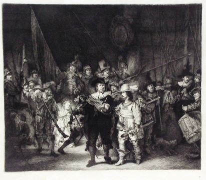 Офорт «Ночной дозор» Николая Мосолова, выполненный с известной картины Рембрандта, показывает «Арт-мозаика»